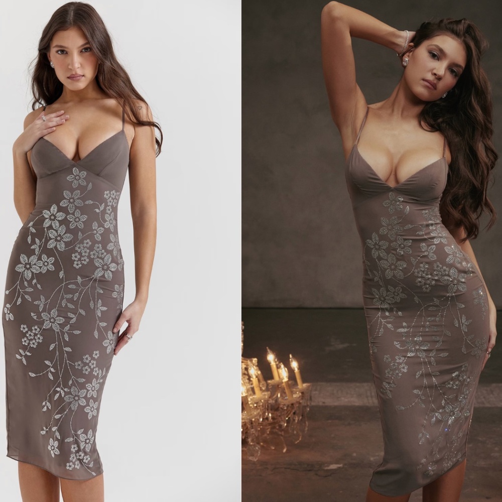 NWT HOUSE OF CB Blanca Smoke Crystal Embellished Midi Dress in Size XS